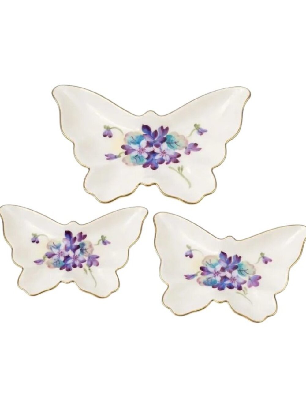Vintage Butterfly Trinket Dishes Set of 3 Gold Trim Floral Porcelain